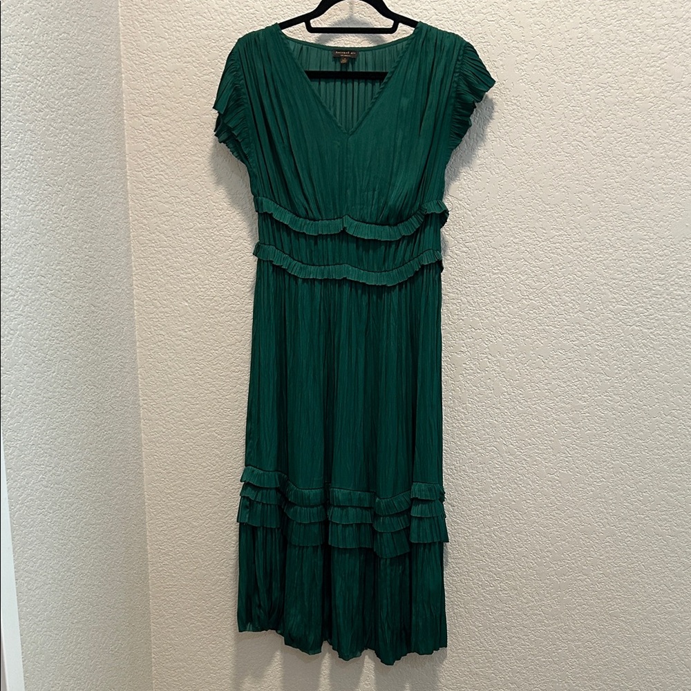 Current Air Emerald Green Pleated V-Neck Ruffle Midi Dress
